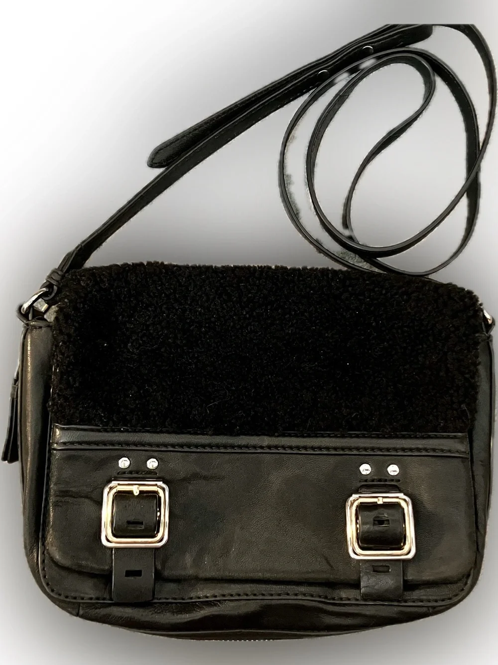 Vince Camuto Black Shearling & Leather Crossbody Bag with Silver Hardware